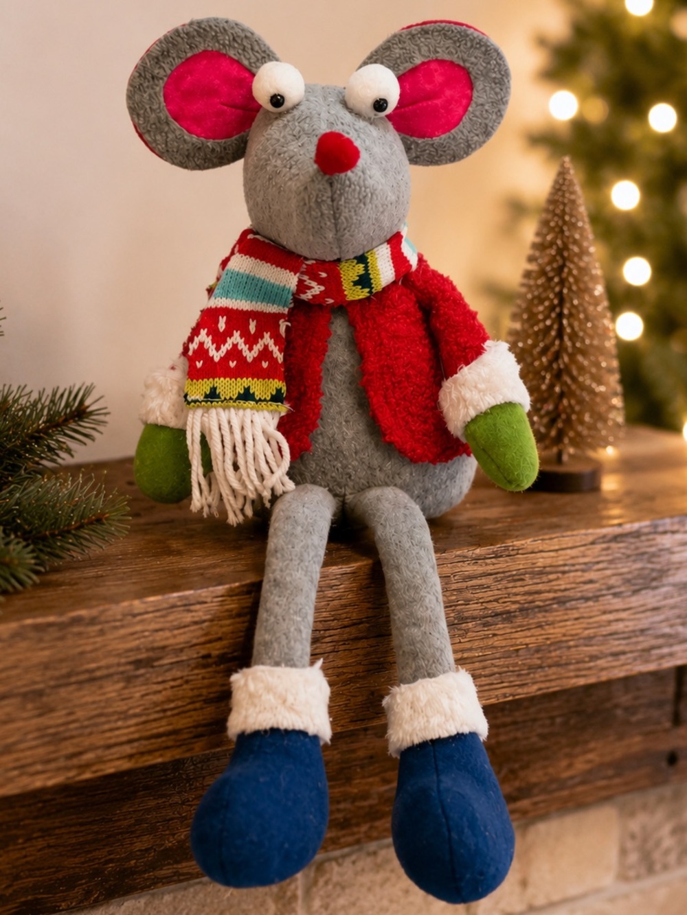 Christmas Plush Shelf Sitter Mouse Long Legs Red Sweater Holiday Decor